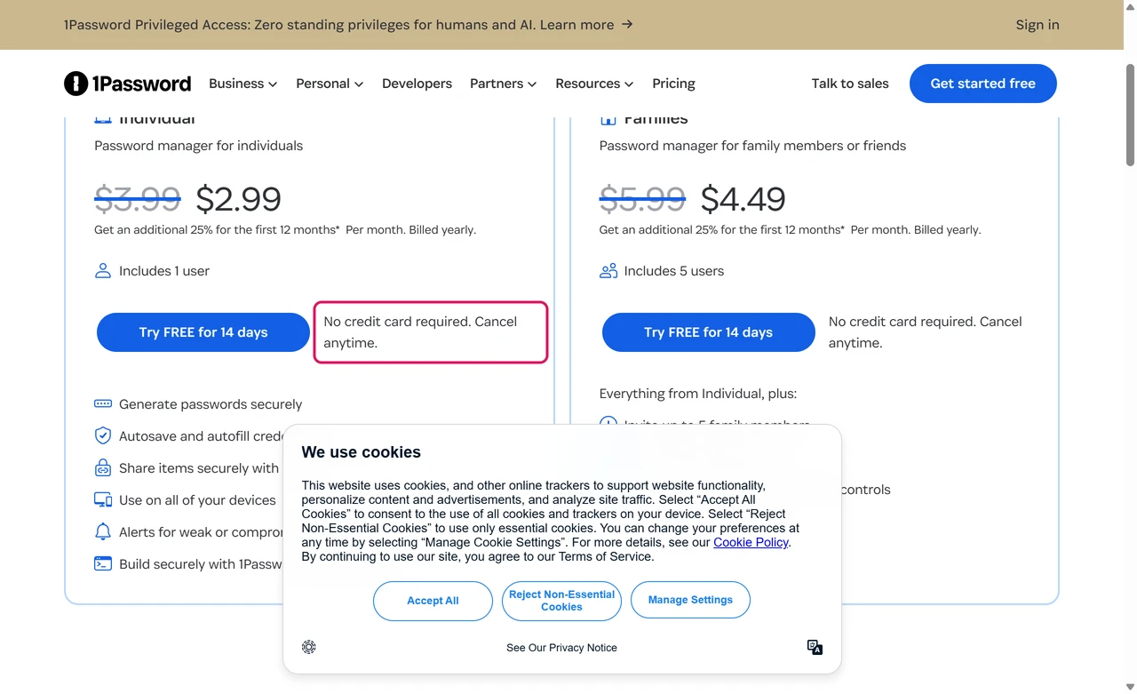 1Password personal pricing page in yearly view with Individual at $2.99 per month billed yearly and a 14-day free trial that needs no credit card