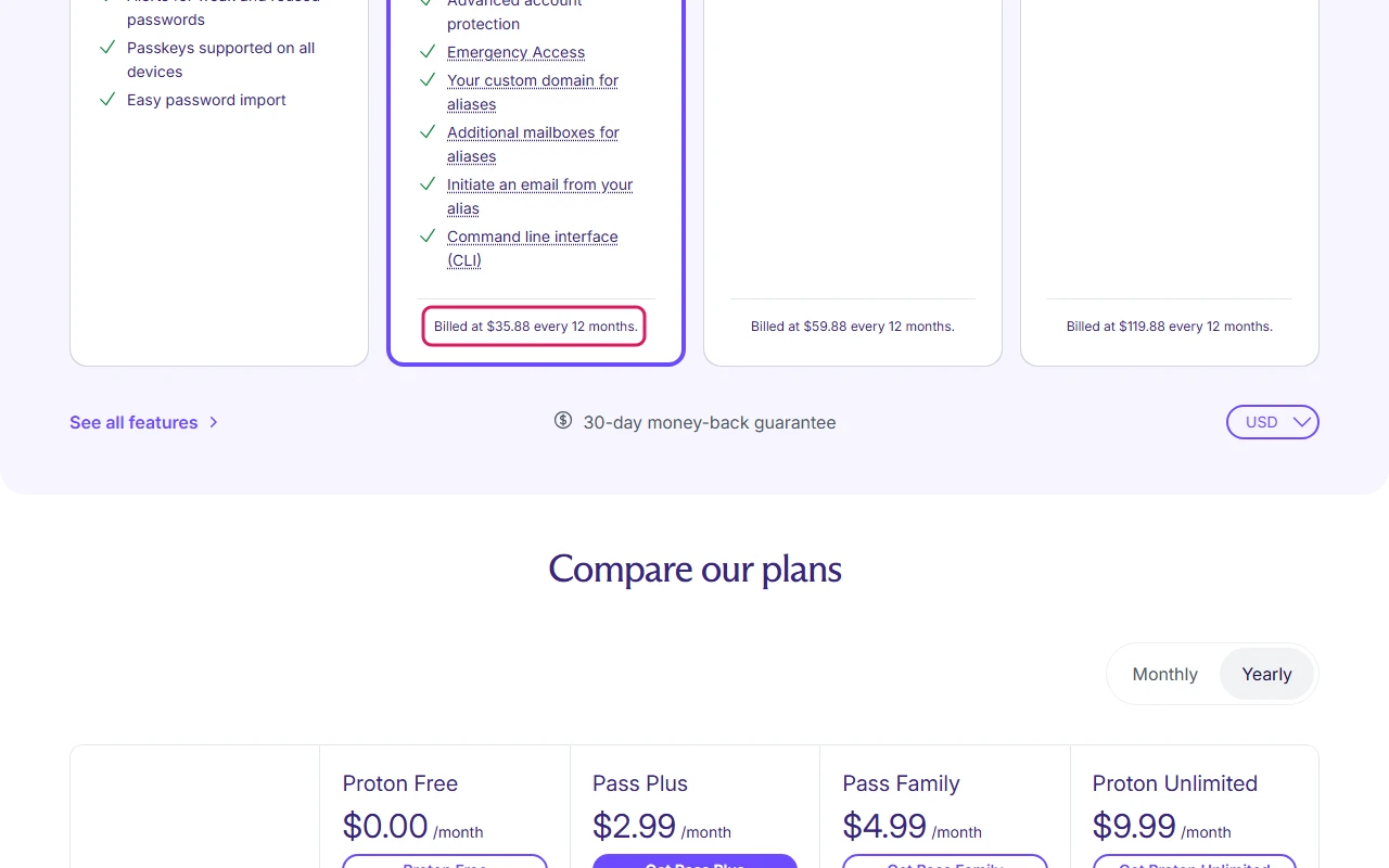 Proton Pass pricing page in USD with Pass Plus at $2.99 per month, billed at $35.88 every 12 months, highlighted