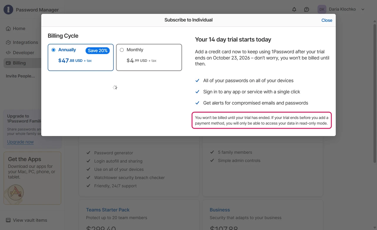 1Password Subscribe to Individual window with annual and monthly prices and a note that the account becomes read-only if the trial ends without a payment method