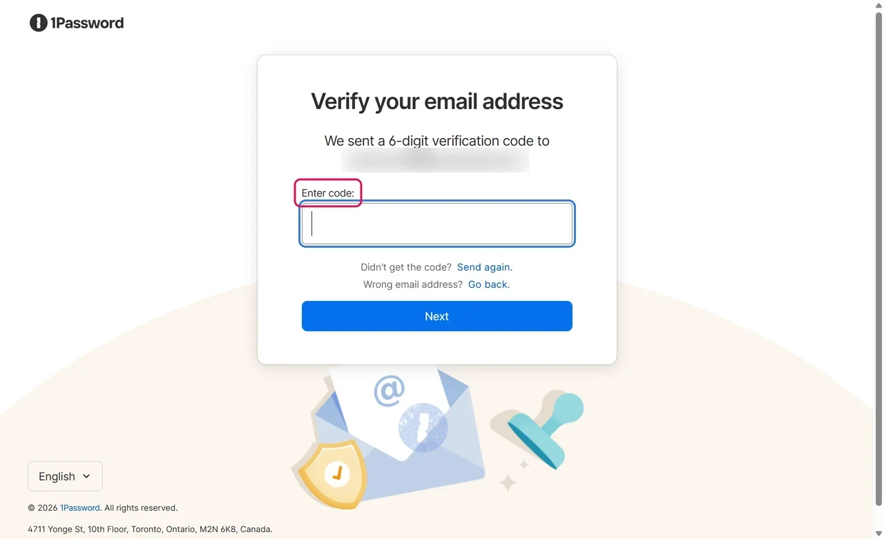 1Password email verification step asking for the 6-digit code sent to the sign-up email address