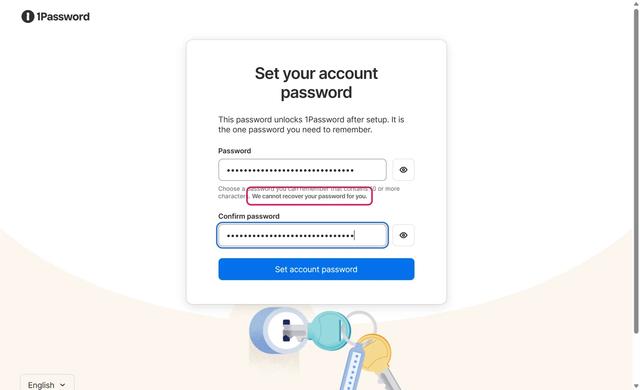 1Password account password screen with the note that the password must have 10 or more characters and cannot be recovered