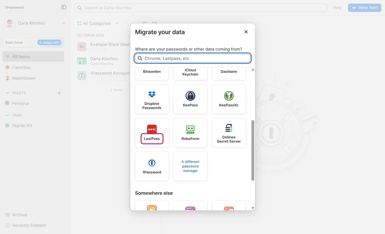 1Password migrate your data screen listing browsers and password managers to import from, including Bitwarden, Dashlane, LastPass and a CSV file