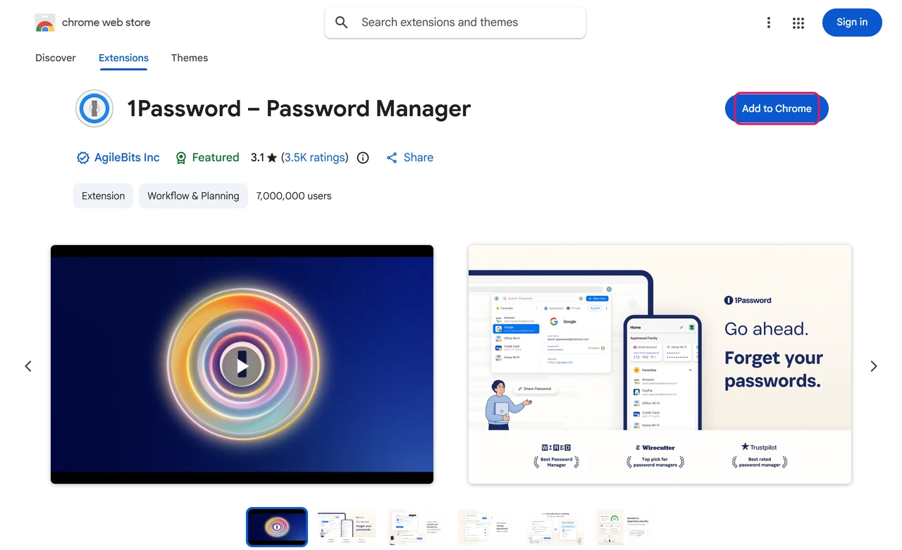 Chrome Web Store page for the 1Password extension showing a 3.1 rating from 3.5K ratings, 7,000,000 users and the Add to Chrome button