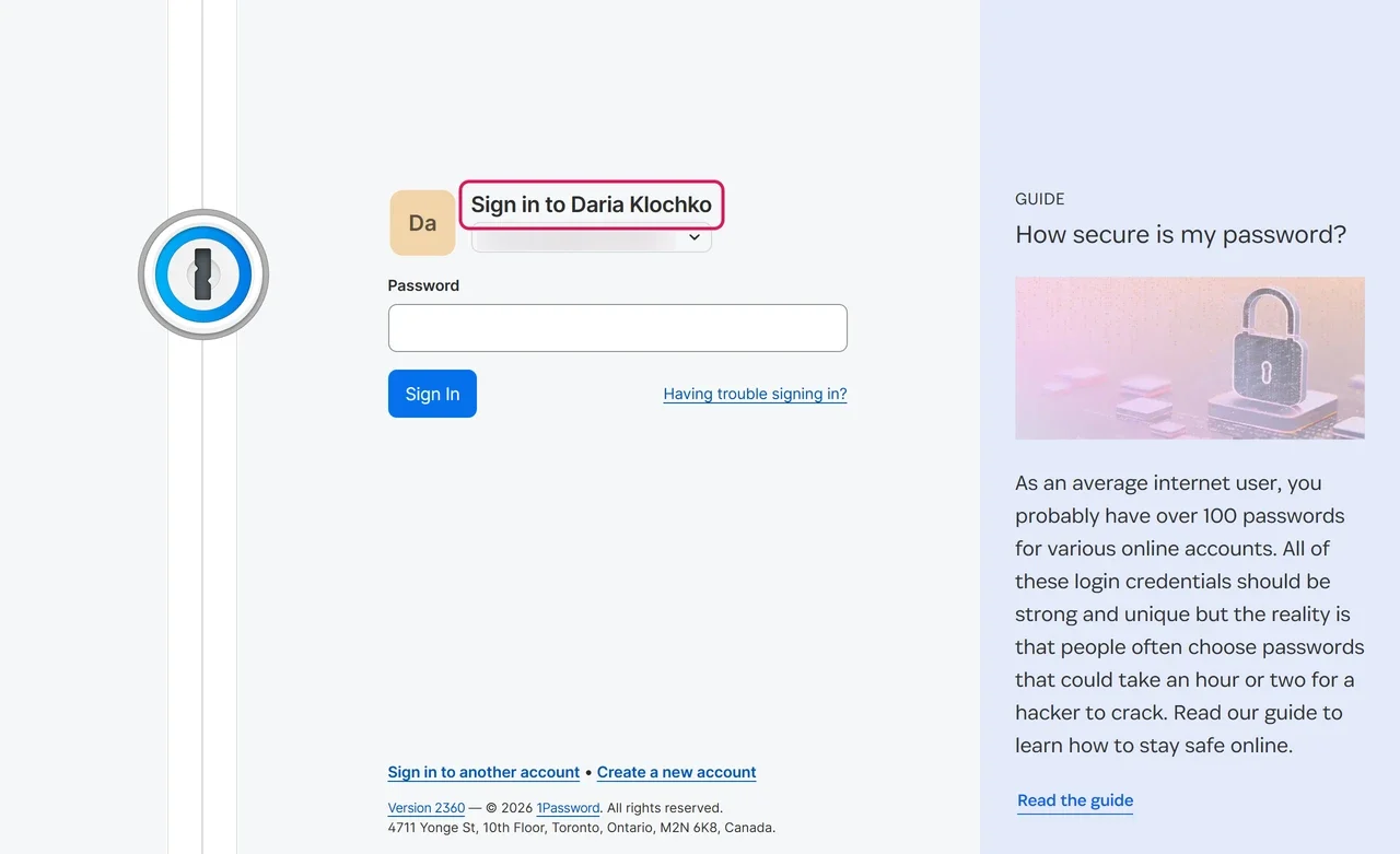 1Password sign-in page on my.1password.com with the account email filled in and a password field