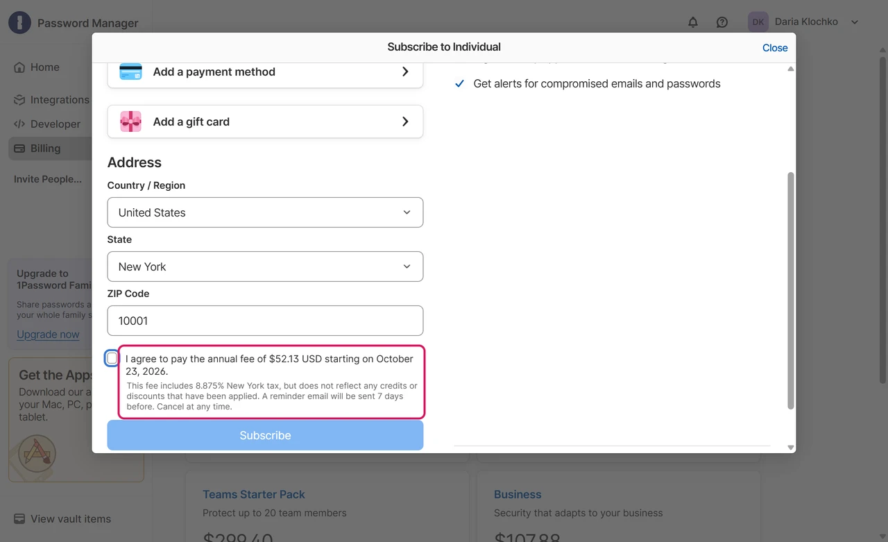 1Password checkout with a New York address showing the annual fee of $52.13 including 8.875% New York tax starting October 23, 2026