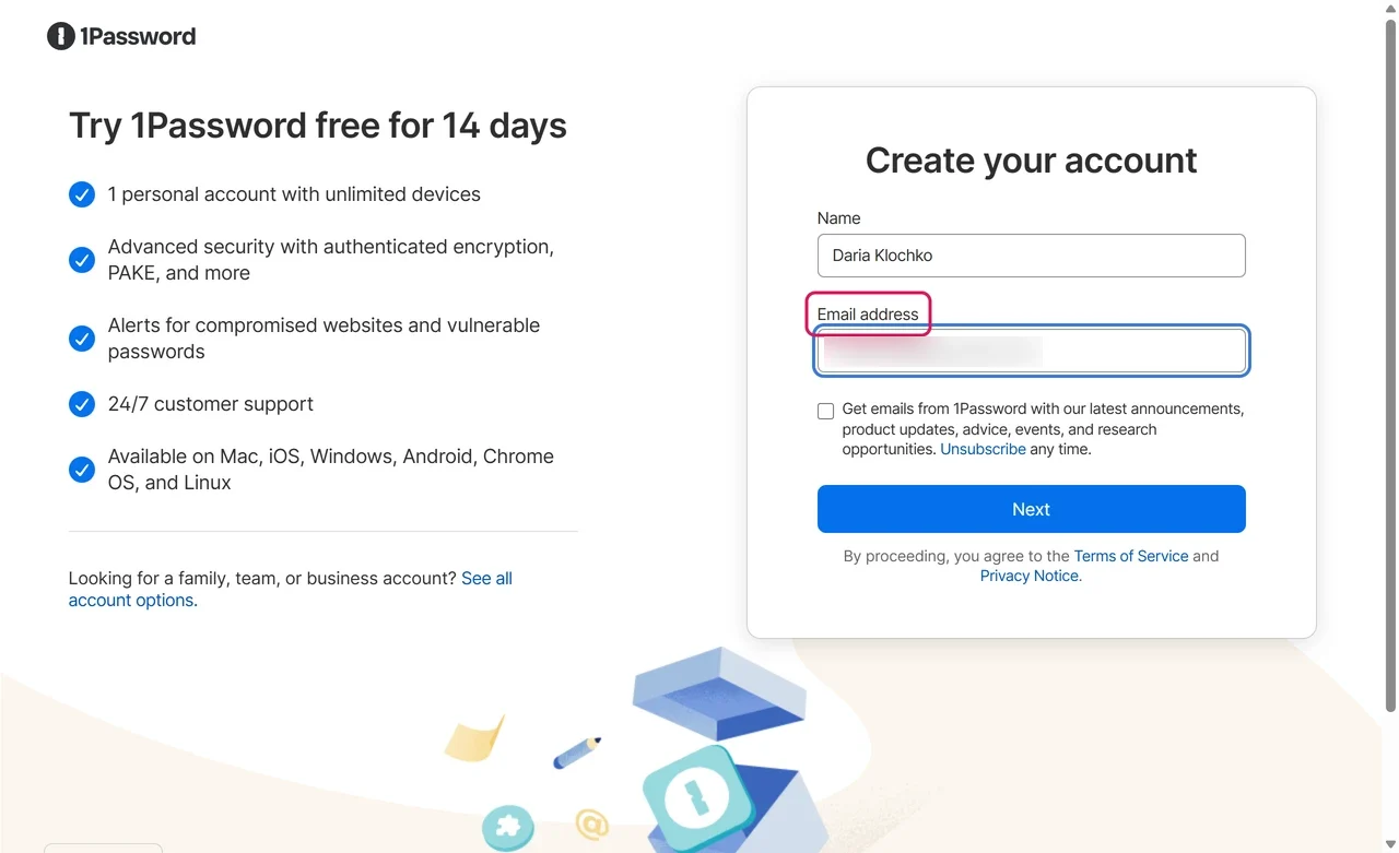 1Password sign-up form asking for a name and email address with an unchecked newsletter checkbox