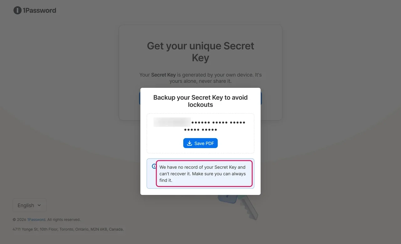 1Password sign-up step asking to back up the Secret Key by saving the Emergency Kit PDF