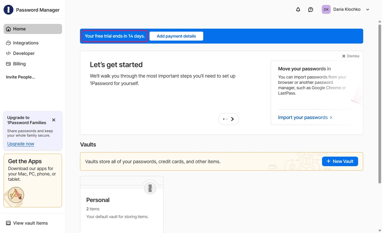 1Password account home page with a banner saying your free trial ends in 14 days, add payment details