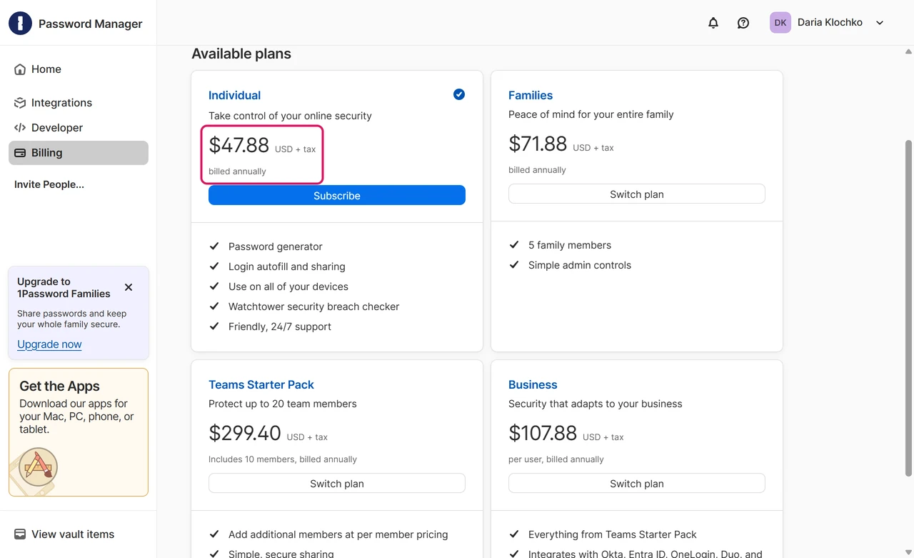 1Password Billing page in the trial account listing Individual $47.88, Families $71.88, Teams Starter Pack and Business plans
