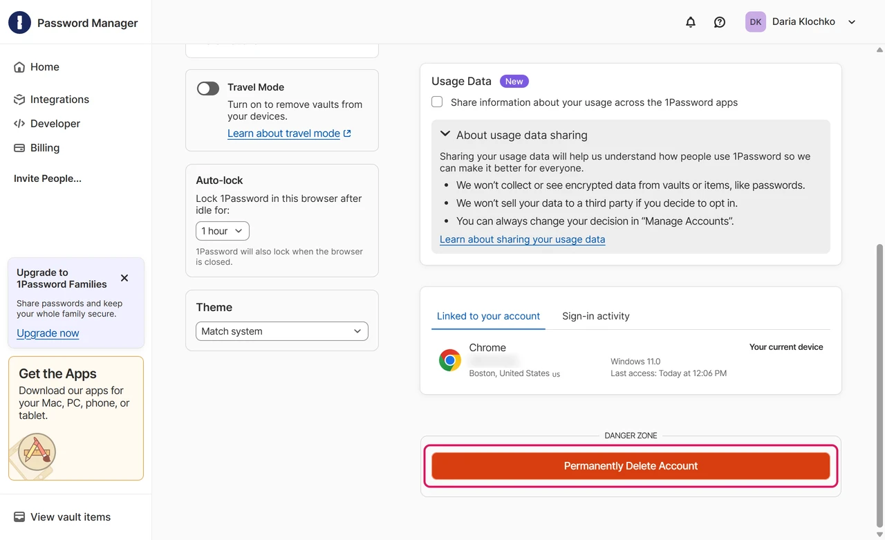 1Password Manage Account page with Travel Mode, auto-lock, usage data settings and the Permanently Delete Account button