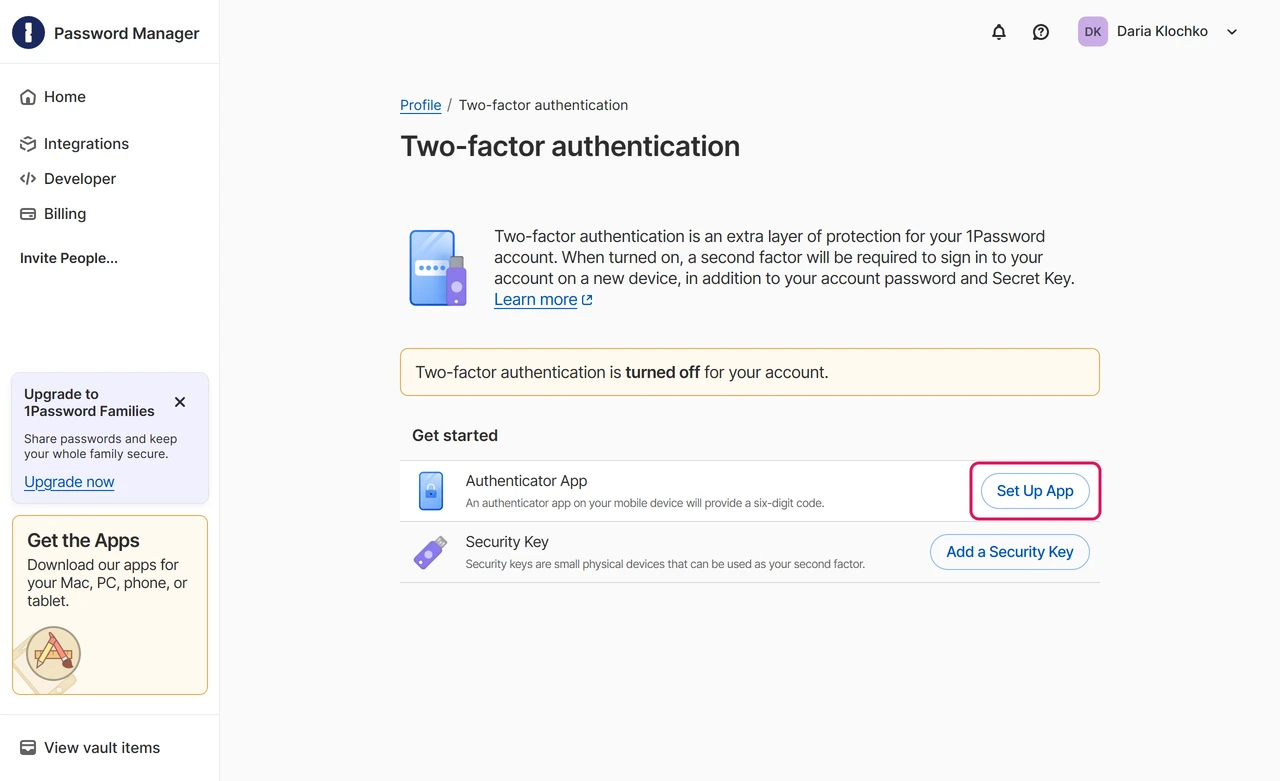1Password Manage Two-Factor Authentication page saying two-factor authentication is turned off for your account