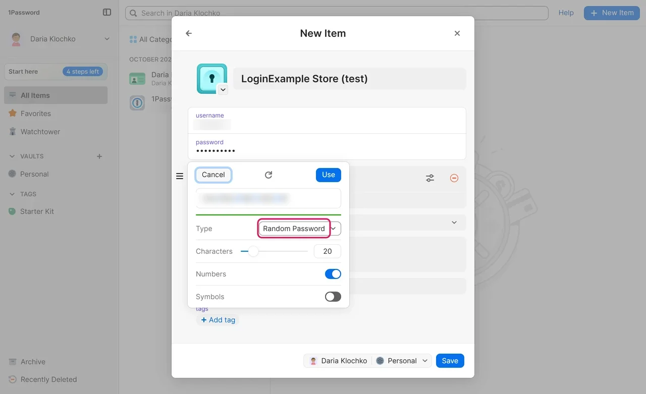 1Password new login item editor with the password generator open, 20 characters, numbers on and symbols off