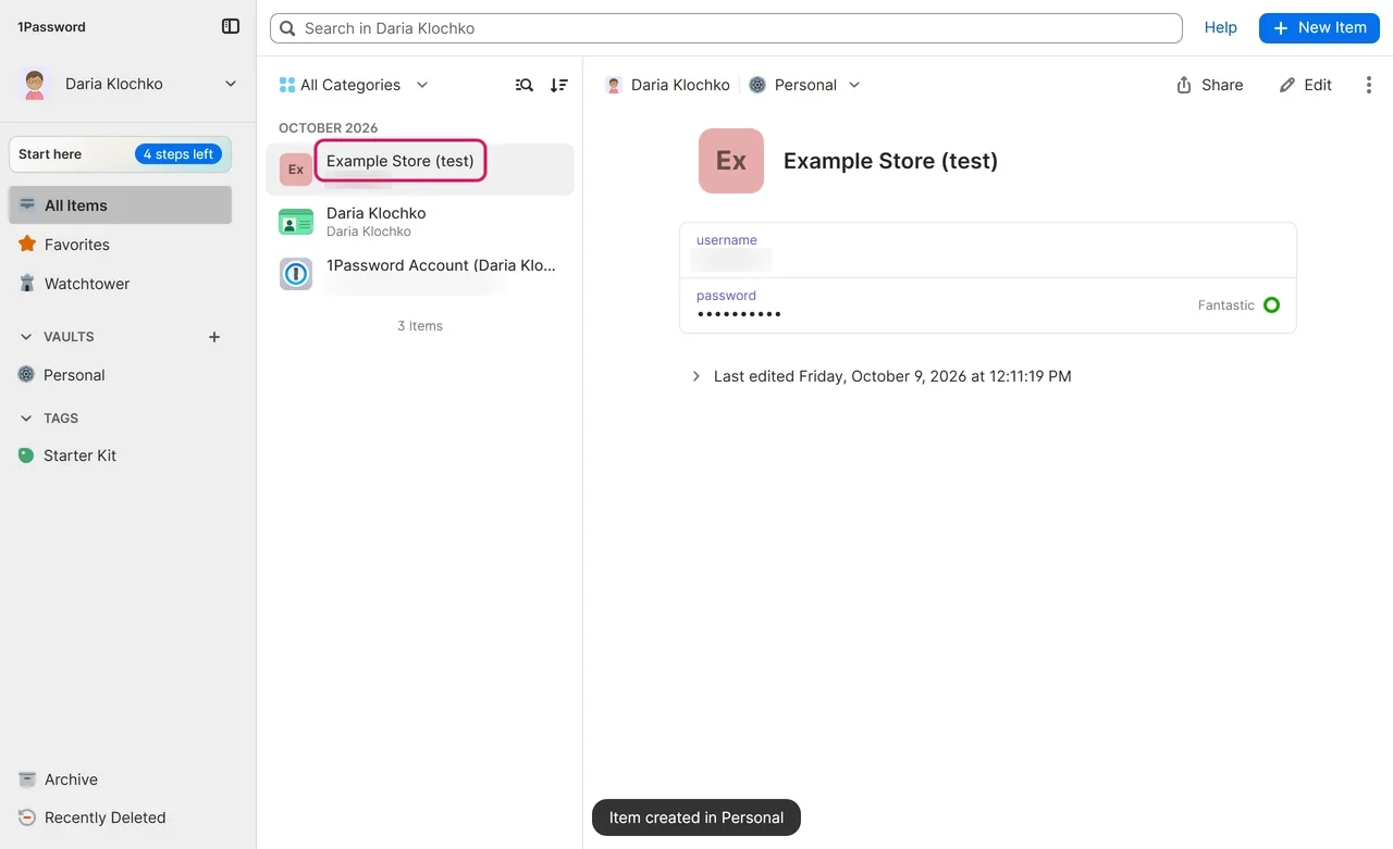 1Password web app showing a saved login item with the username, a hidden password rated Fantastic and copy buttons