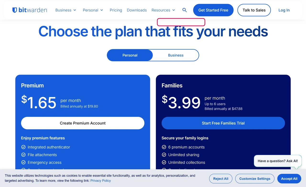 Bitwarden pricing page with Premium at $1.65 per month billed annually at $19.80 and Families at $3.99 per month billed at $47.88