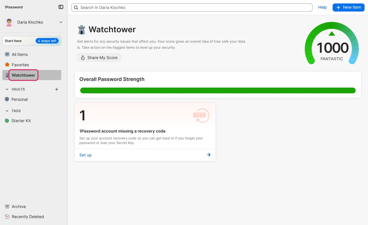 1Password Watchtower page with a score of 1000 and one alert that the account is missing a recovery code