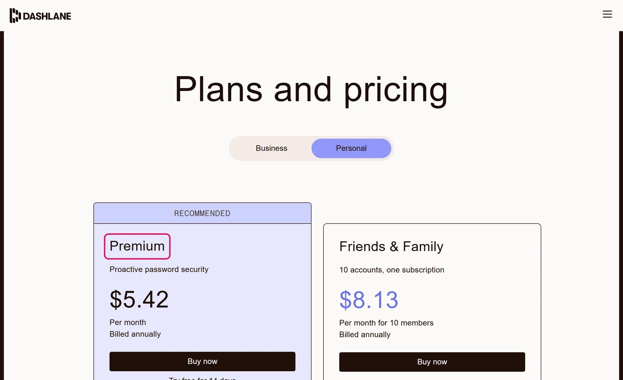 Dashlane personal pricing page with Premium at $5.42 per month billed annually and Friends & Family at $8.13 per month for 10 members