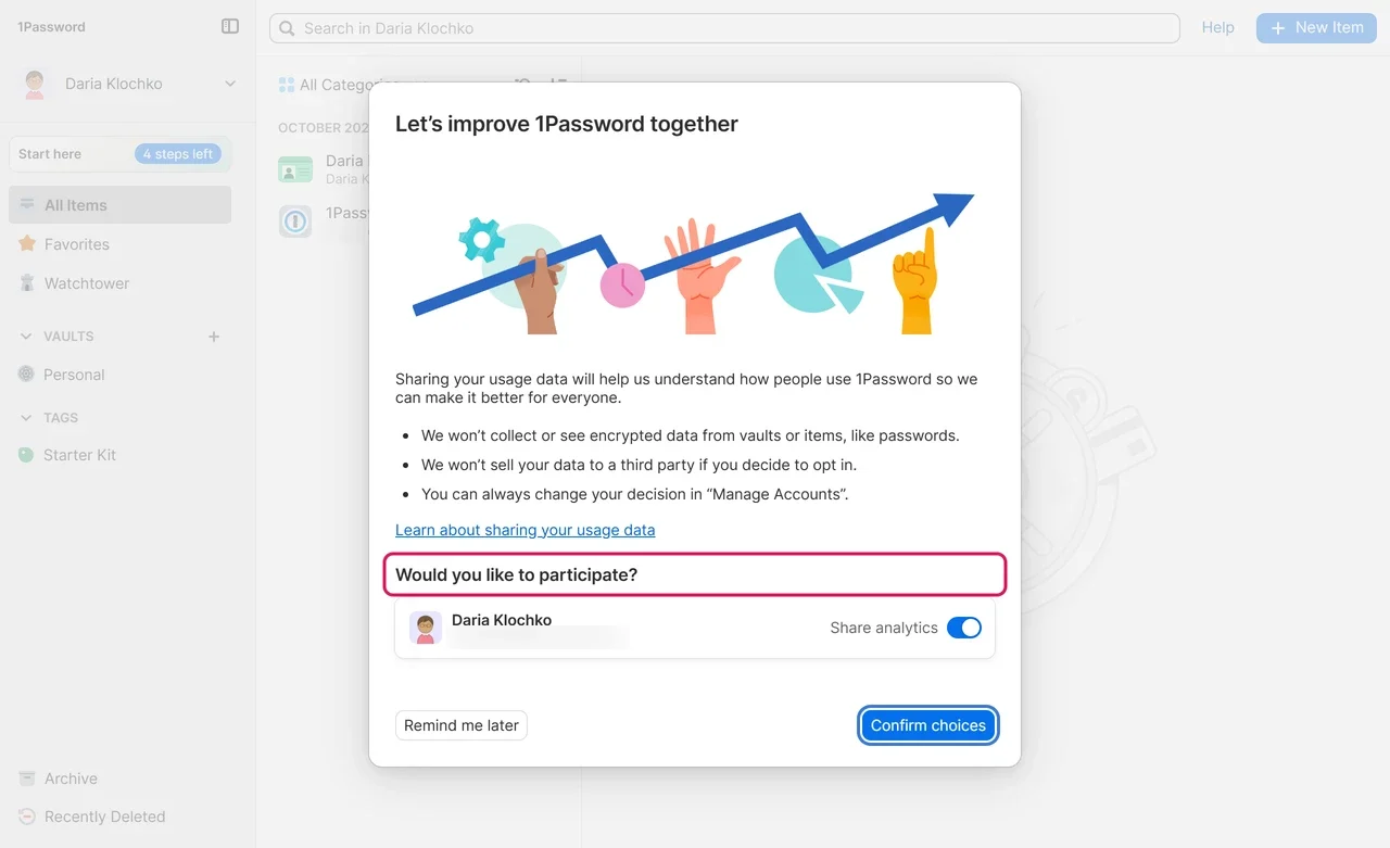 1Password web app prompt asking to share usage analytics, with the Share analytics switch turned on by default