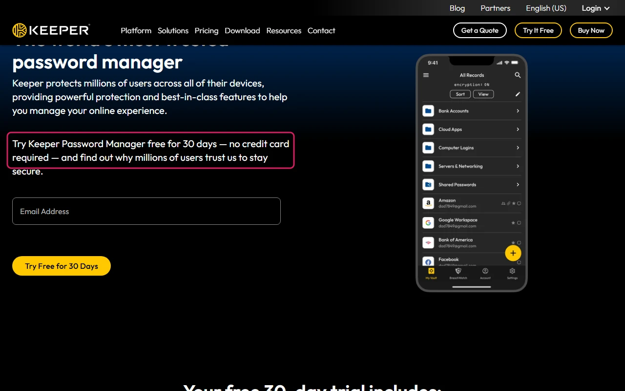 Keeper free trial page with the text Try Keeper Password Manager free for 30 days, no credit card required highlighted