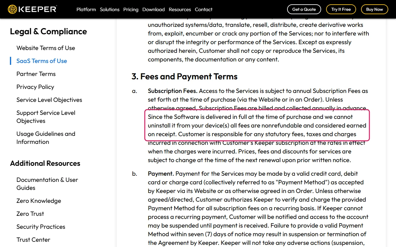 Keeper Terms of Use, SaaS Terms section on fees, paragraph saying subscription fees are billed annually in advance and all fees are nonrefundable highlighted