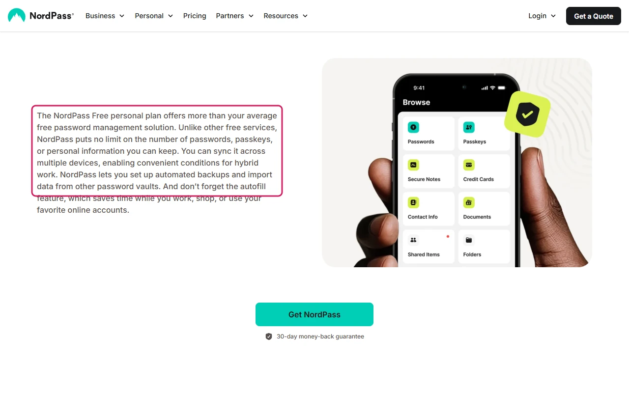 NordPass password manager page paragraph describing the Free plan with unlimited passwords and sync across multiple devices highlighted