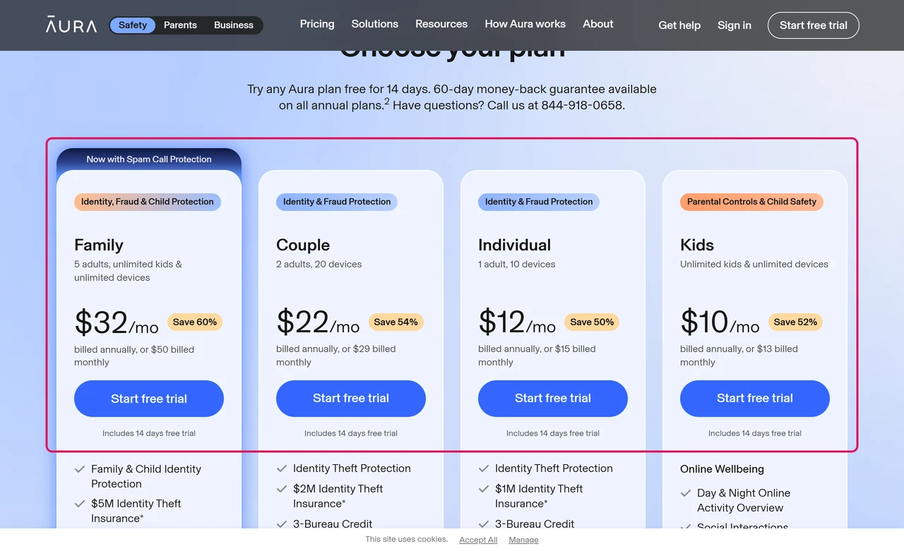 Aura plans page with Family at $32, Couple $22, Individual $12 and Kids $10 a month billed annually