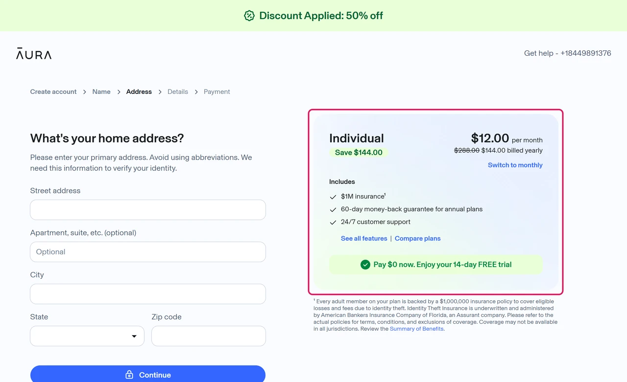 Aura enrollment order summary for Individual showing $288 crossed out, $144 billed yearly and a 14-day free trial