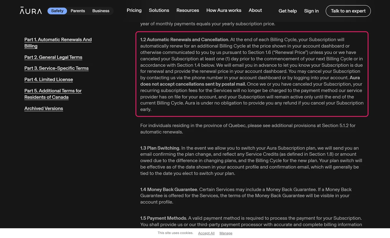 Aura terms section 1.2 on automatic renewal at the price shown in the account dashboard