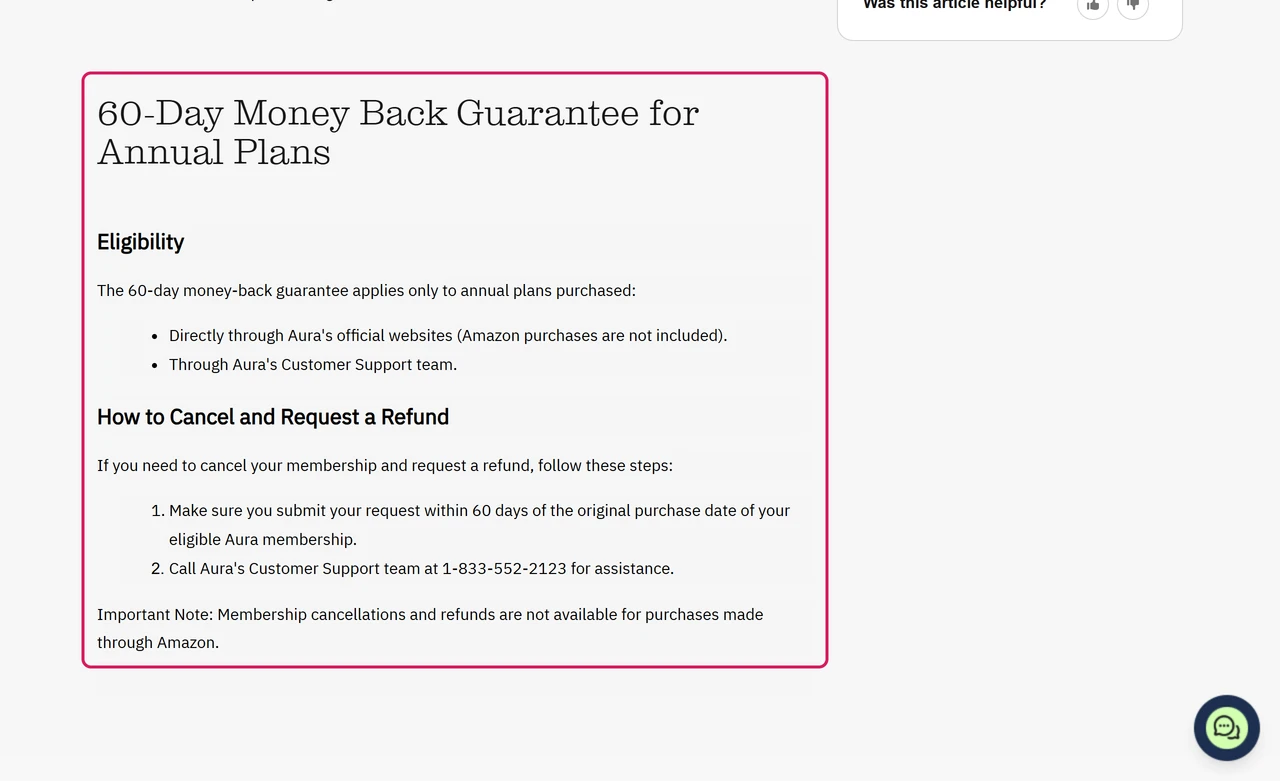 Aura help article on the 60-day money back guarantee for annual plans, requested by phone