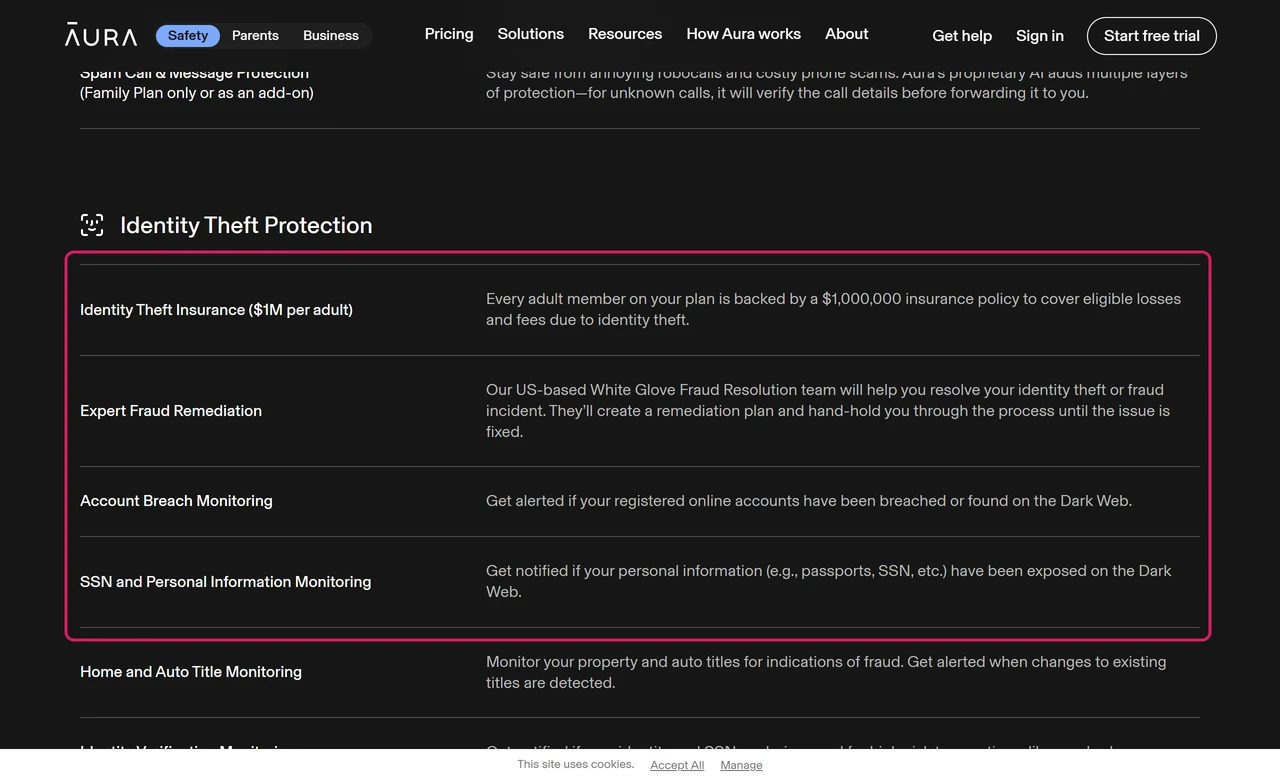 Aura feature list stating identity theft insurance of $1M per adult