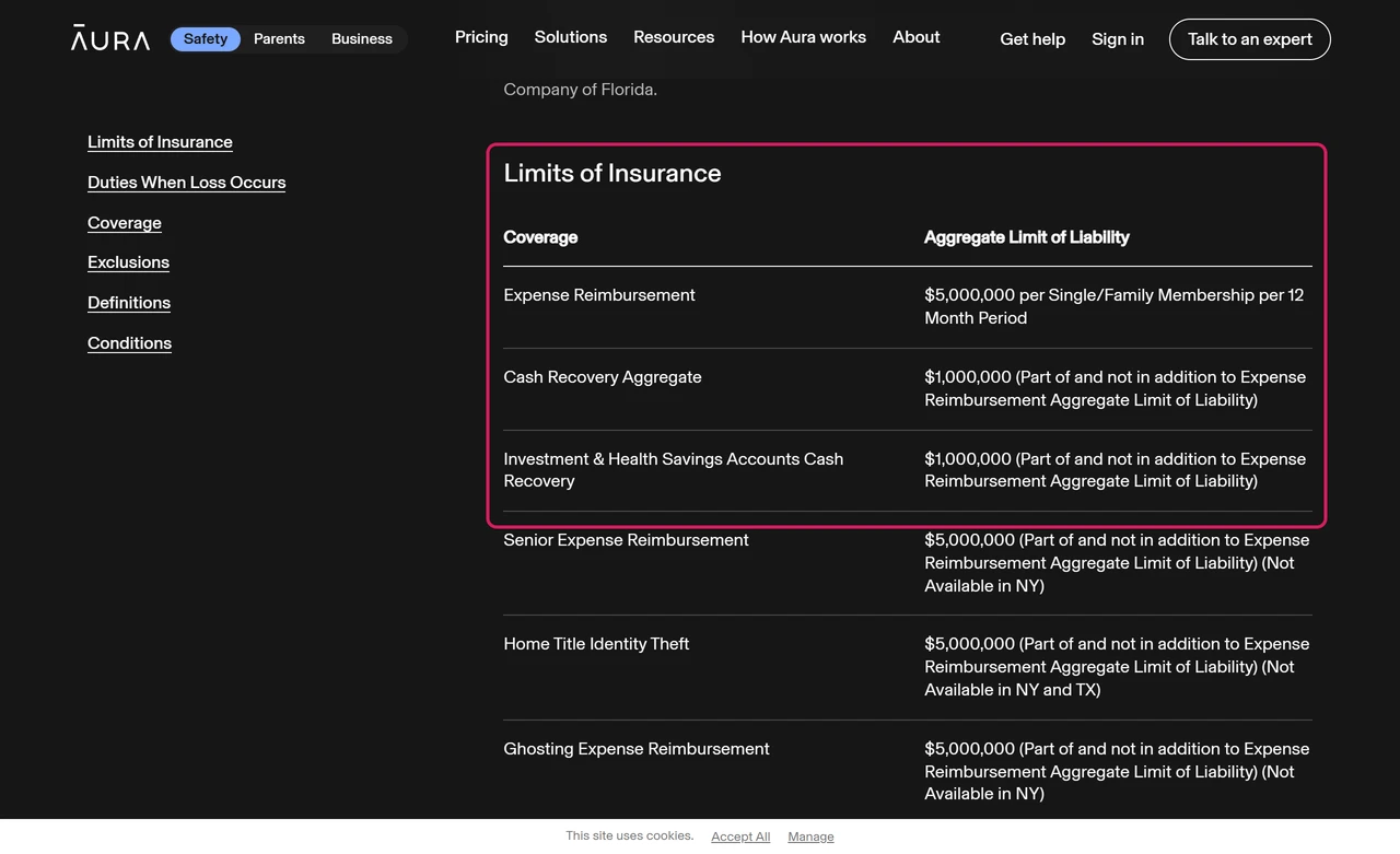Aura $5M insurance summary with a $5,000,000 aggregate limit and $1,000,000 cash recovery cap