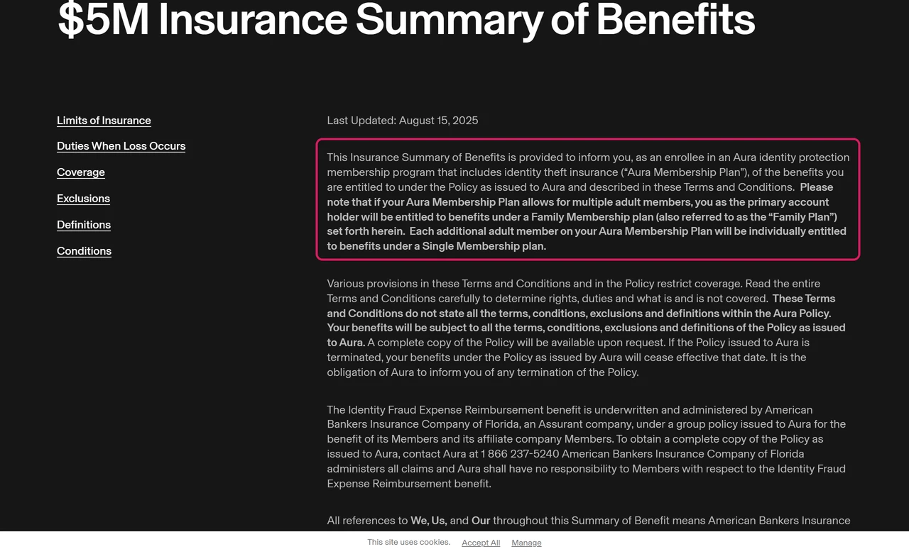 Aura insurance summary explaining that additional adults are covered under a single membership plan