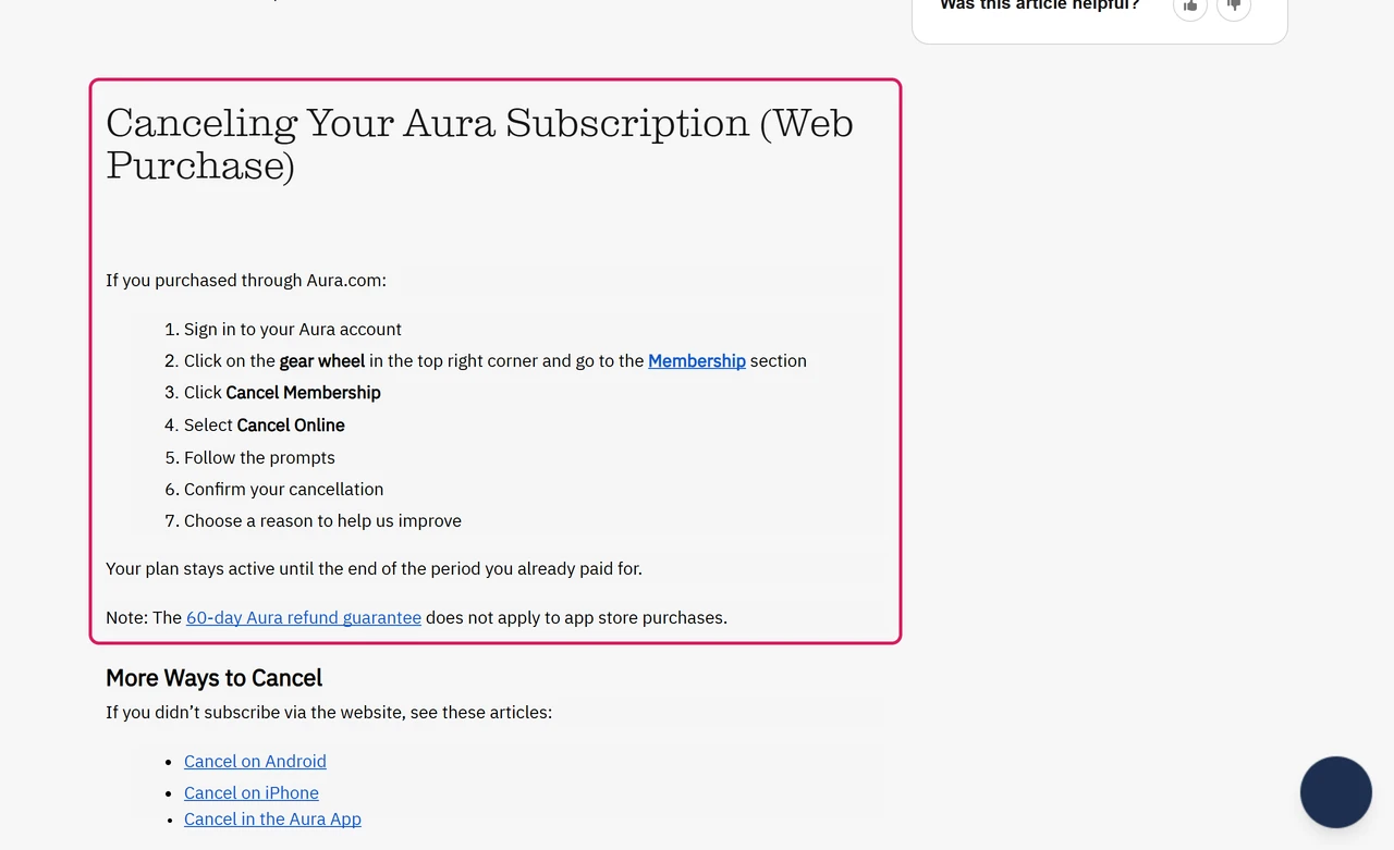 Aura help article with seven steps to cancel a web subscription