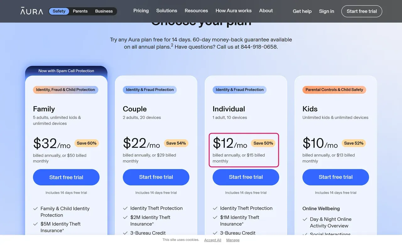 Aura pricing page with the Individual plan at $12 a month billed annually