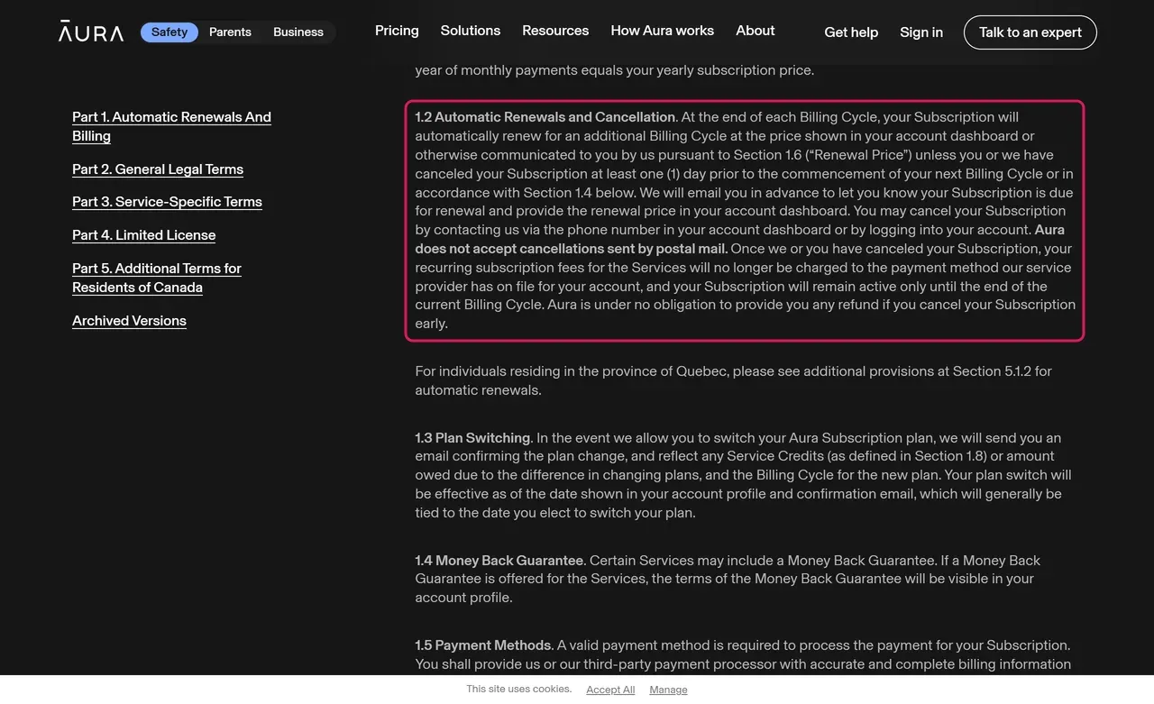 Aura terms section 1.2 Automatic Renewals and Cancellation