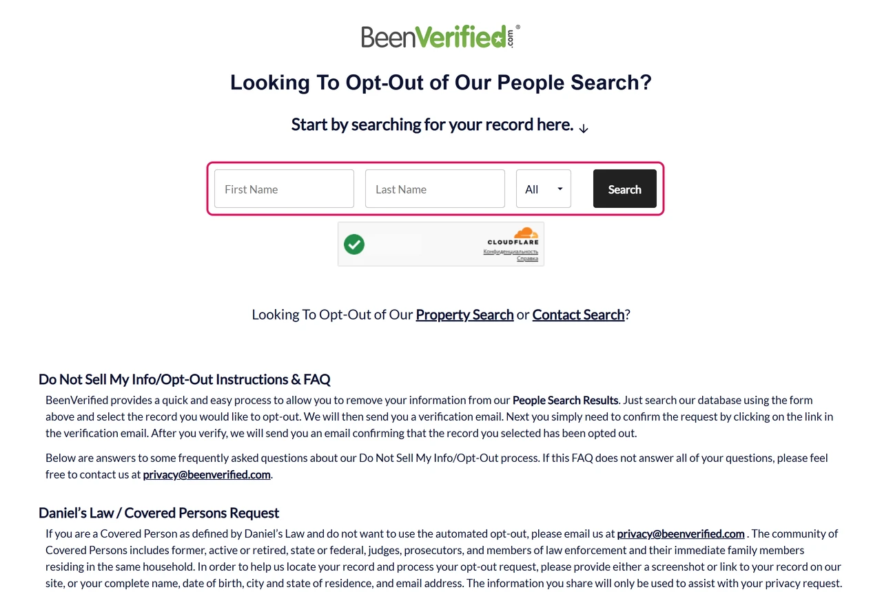 BeenVerified opt-out page with first name, last name and state fields and a Search button