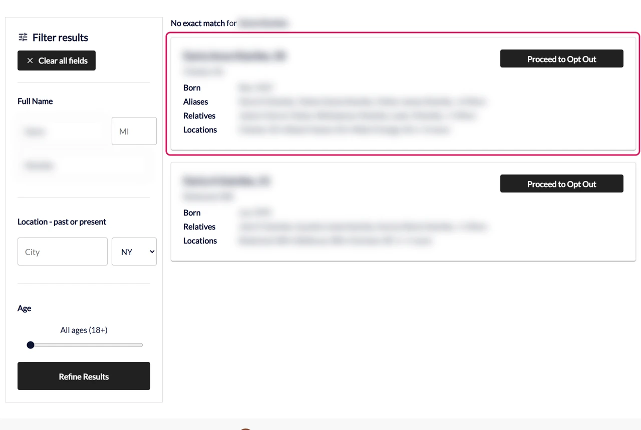 BeenVerified opt-out search results with blurred records and Proceed to Opt Out buttons