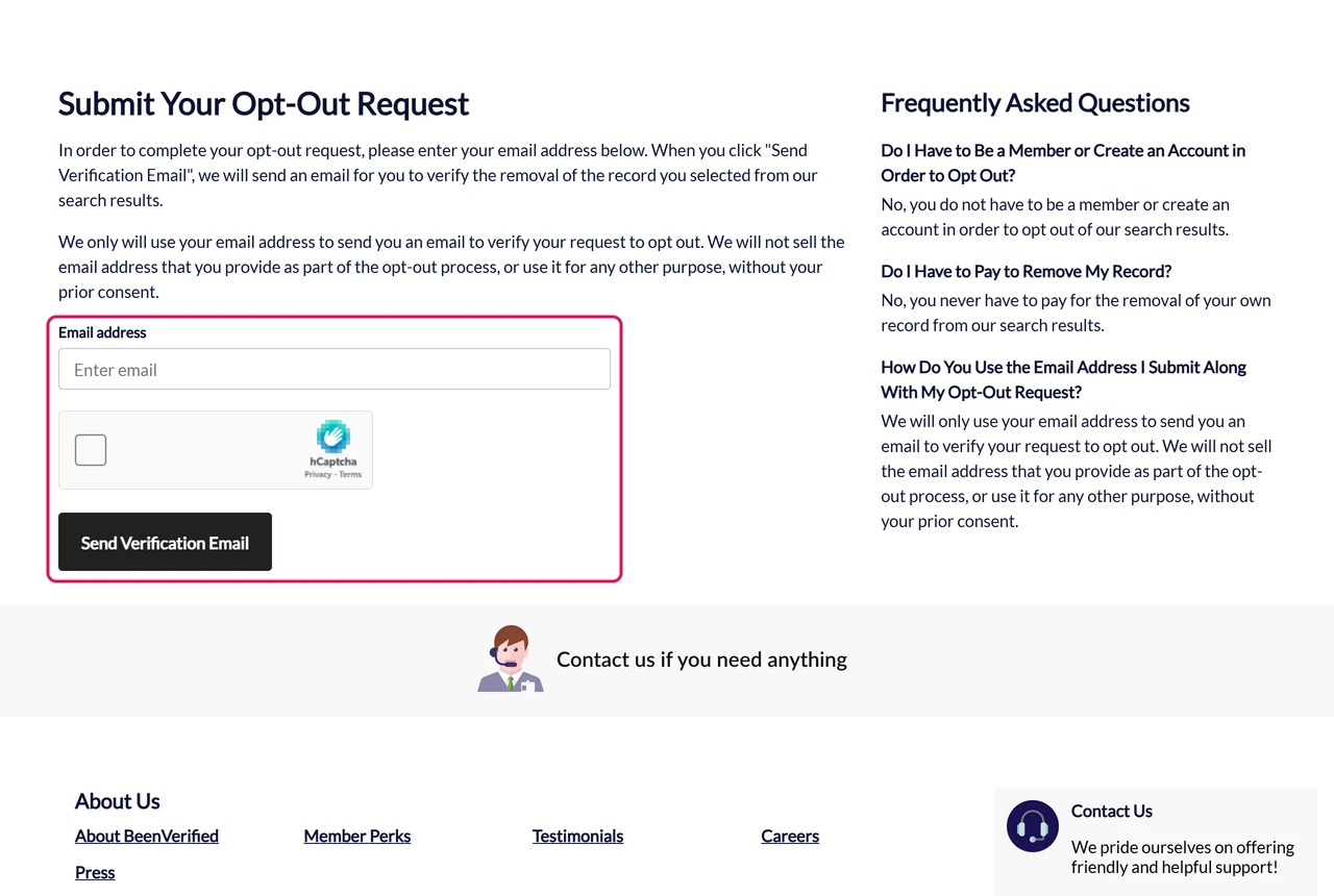 BeenVerified Submit Your Opt-Out Request page with an email field, an hCaptcha box and a Send Verification Email button