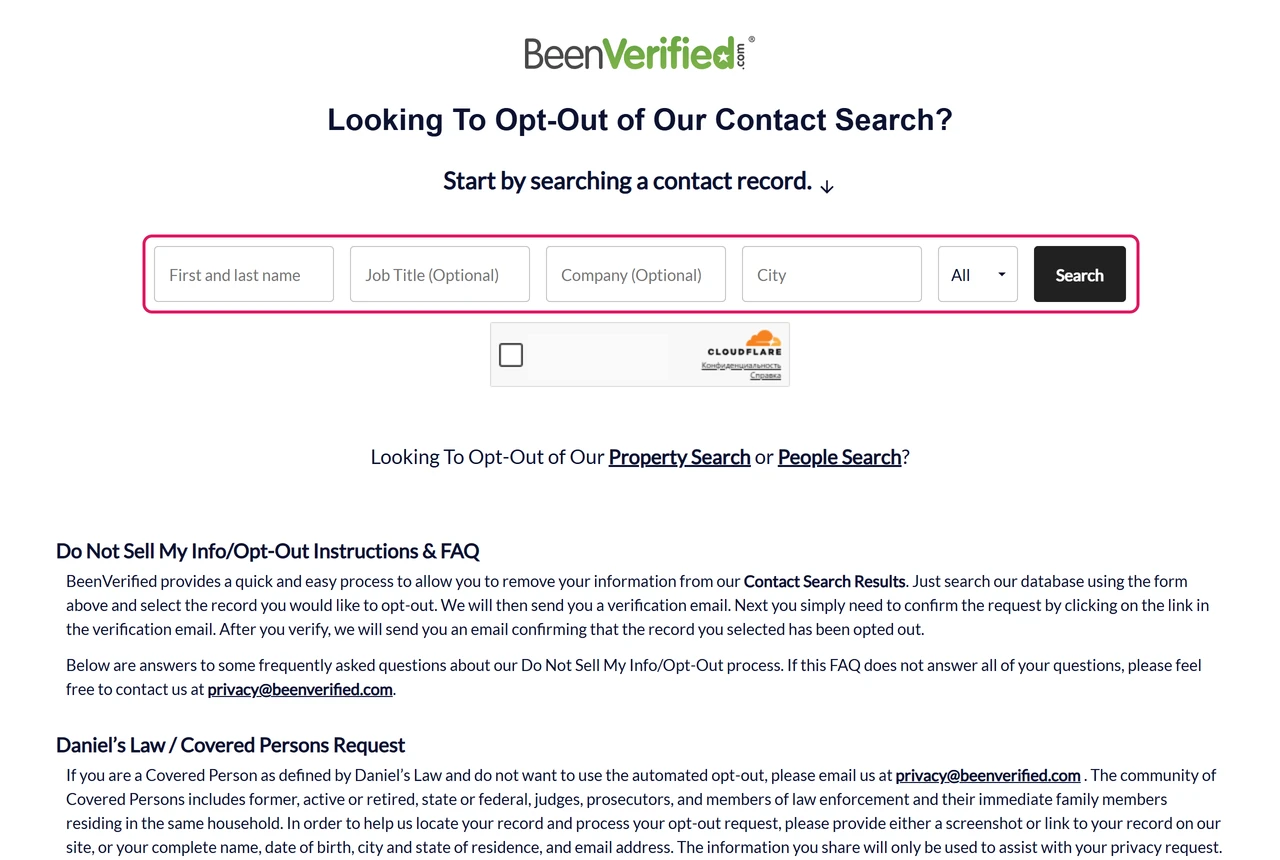 BeenVerified Contact Search opt-out form with name, job title, company, city and state fields