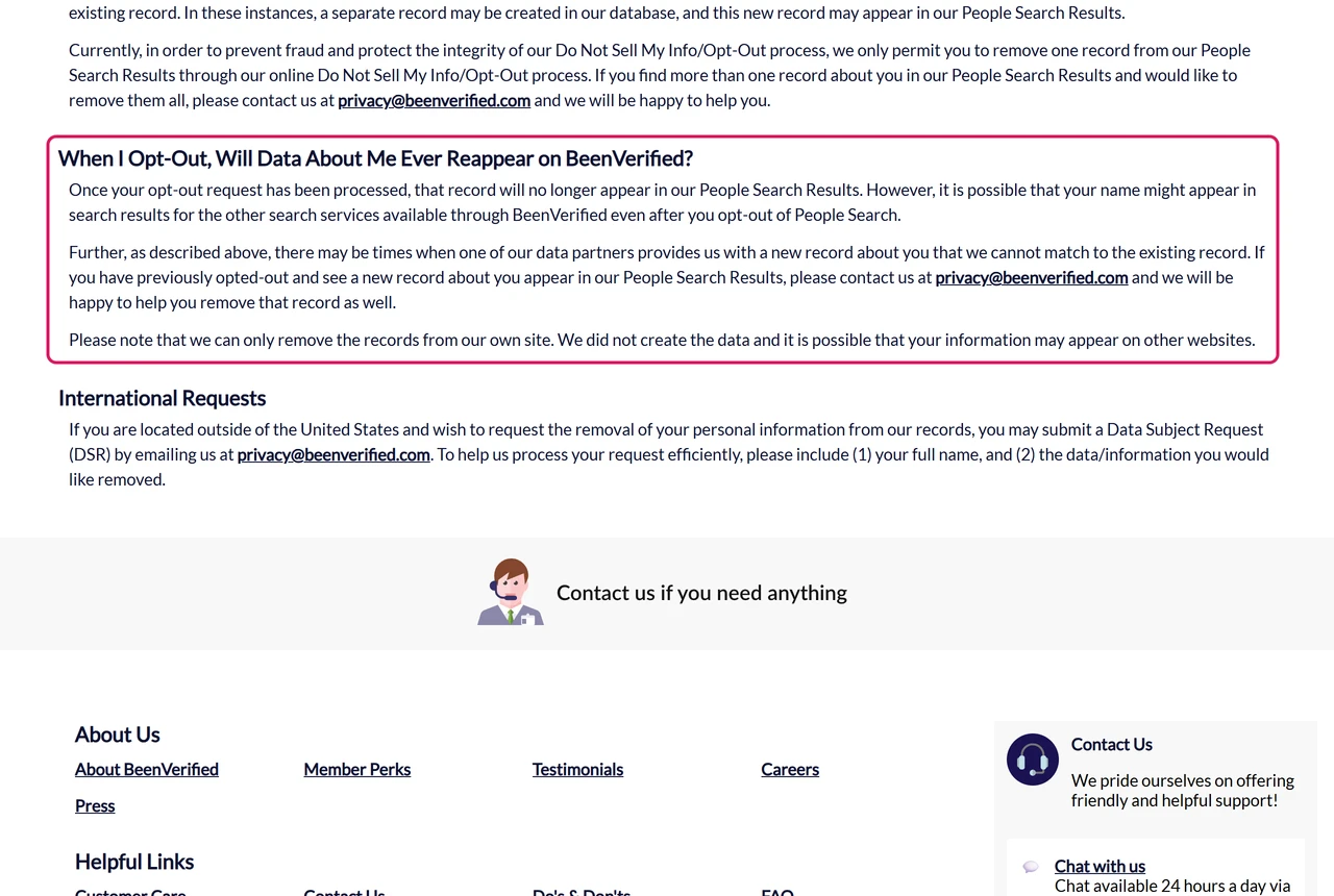 BeenVerified FAQ explaining that a new record can appear after opt-out and that it removes records only from its own site