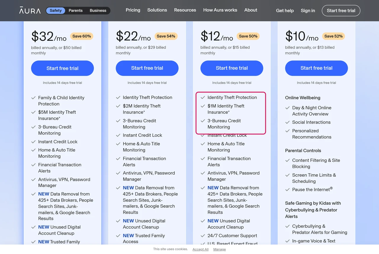 Aura pricing card for Individual listing $1M identity theft insurance and 3-bureau credit monitoring