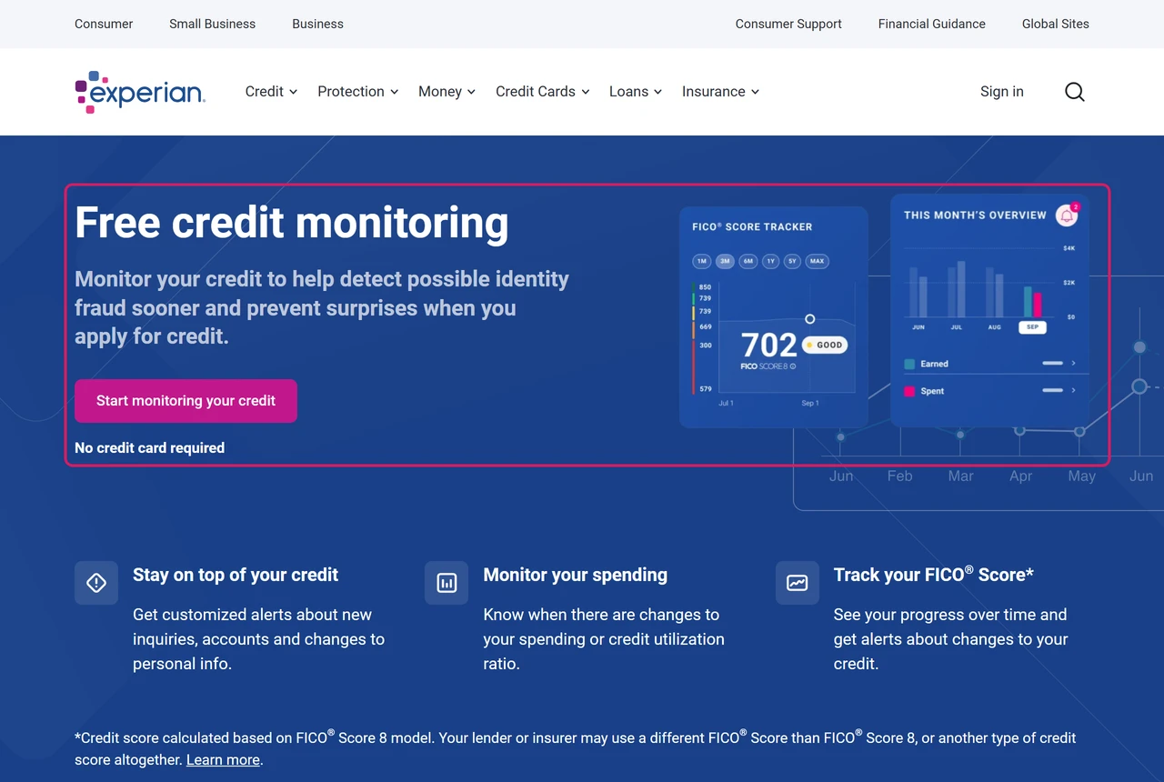 Experian page: free credit monitoring, start monitoring your credit, no credit card required