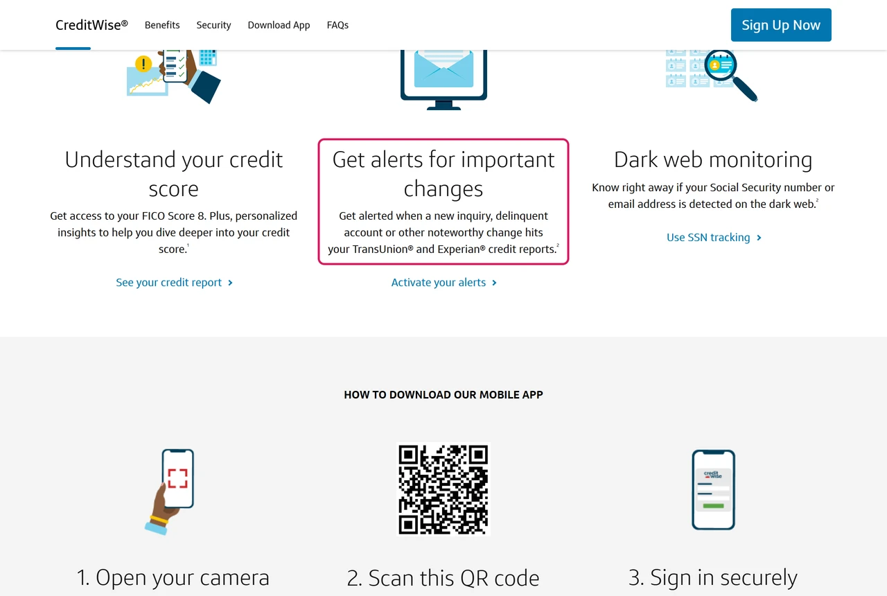 CreditWise page: get alerted when a new inquiry or delinquent account hits your TransUnion and Experian credit reports