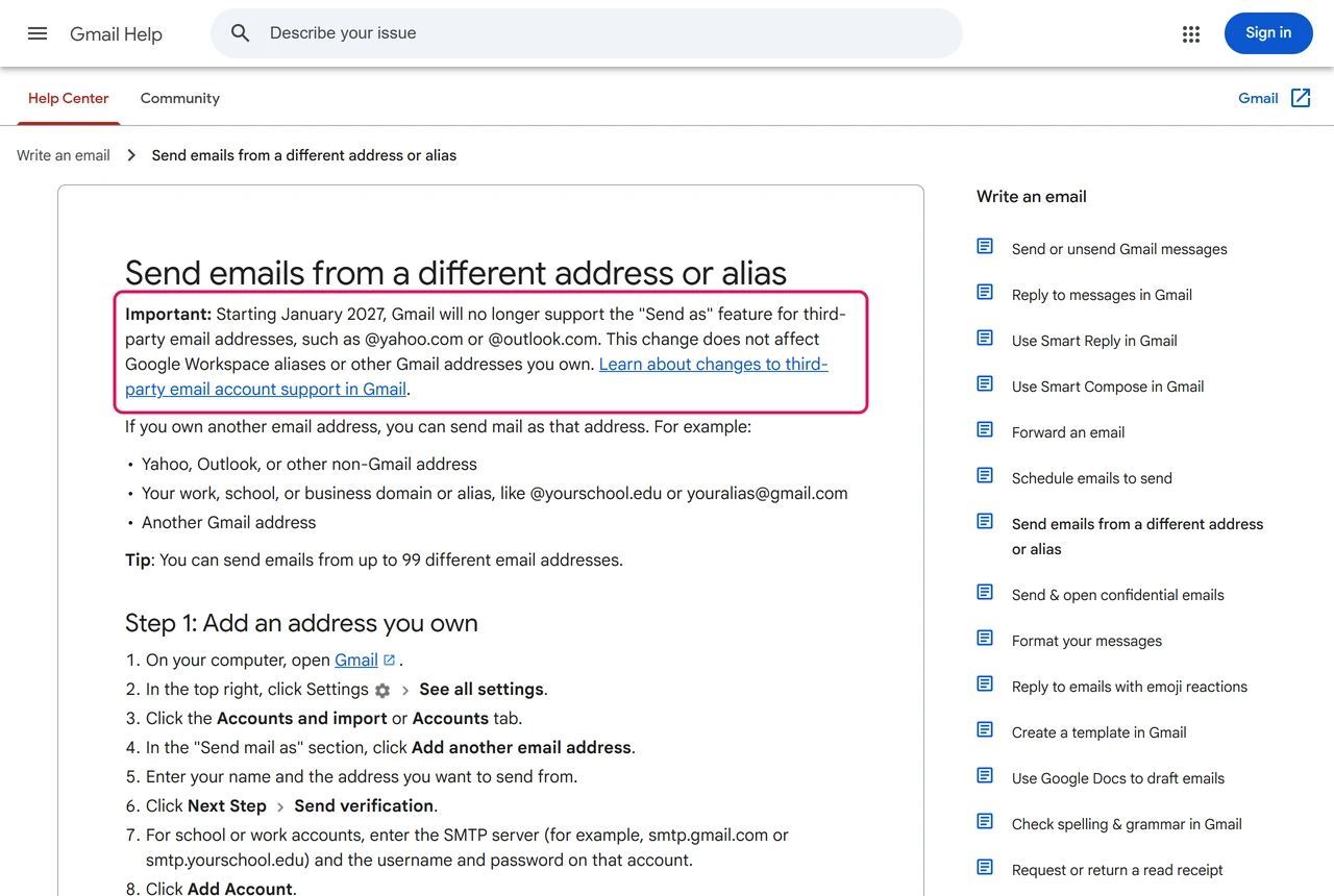 Gmail Help page on sending from a different address, with a notice that from January 2027 Gmail will no longer support Send as for third-party addresses
