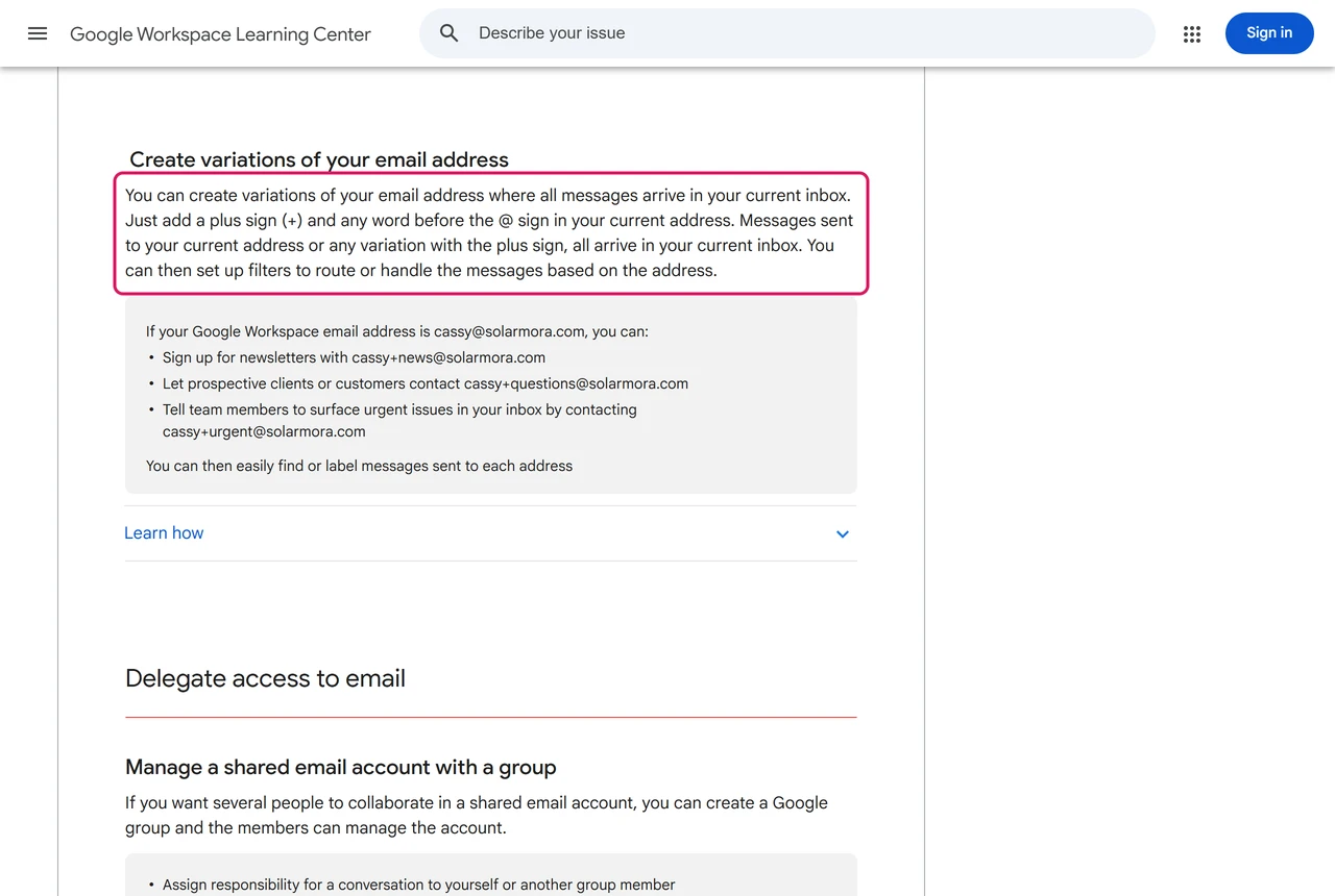 Google Workspace Learning Center section explaining that adding a plus sign and a word before the @ creates variations that arrive in the same inbox