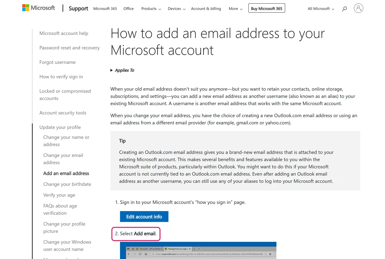 Microsoft Support page on adding an email address, also known as an alias, to a Microsoft account, with the steps Edit account info and Select Add email