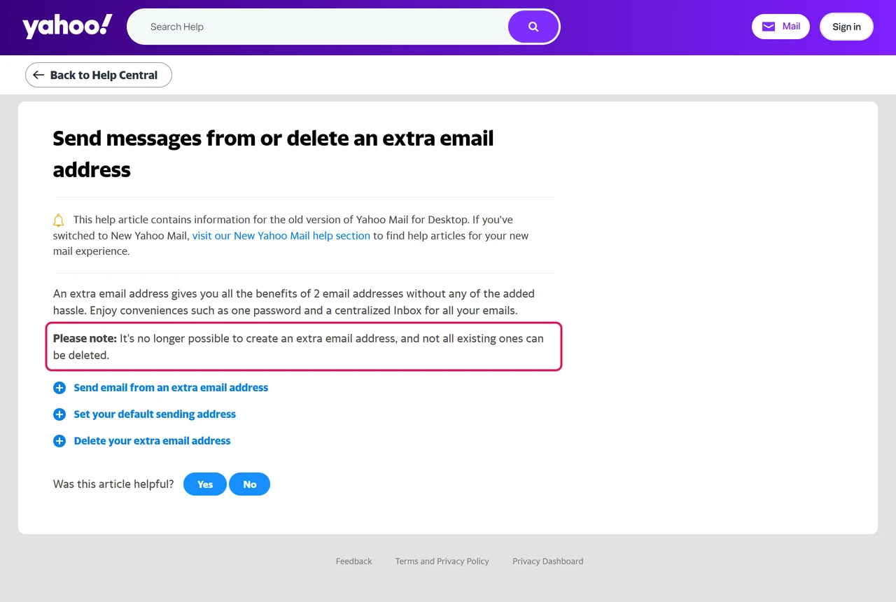 Yahoo Help page noting that it is no longer possible to create an extra email address