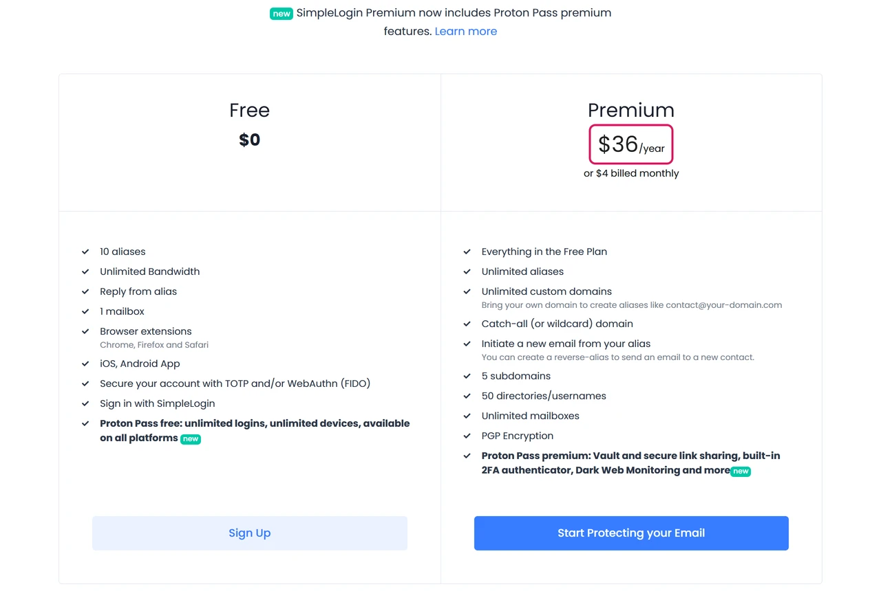SimpleLogin pricing with Free at $0 for 10 aliases and Premium at $36 a year for unlimited aliases and custom domains