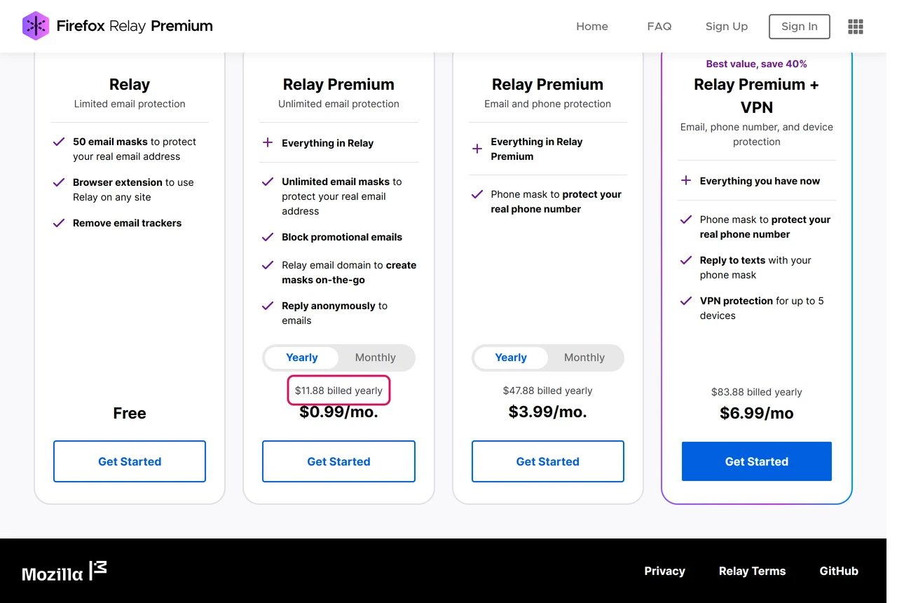 Firefox Relay plan cards: Premium with phone at $47.88 billed yearly, Premium at $11.88 billed yearly, and the free tier with 50 email masks