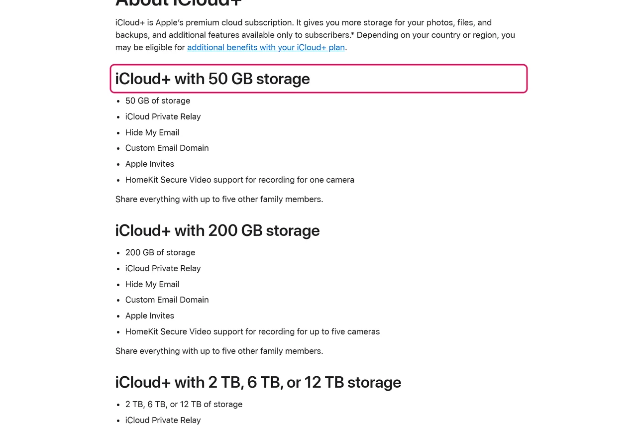 Apple Support page on iCloud+ plans listing the 50 GB tier with iCloud Private Relay, Hide My Email and Custom Email Domain