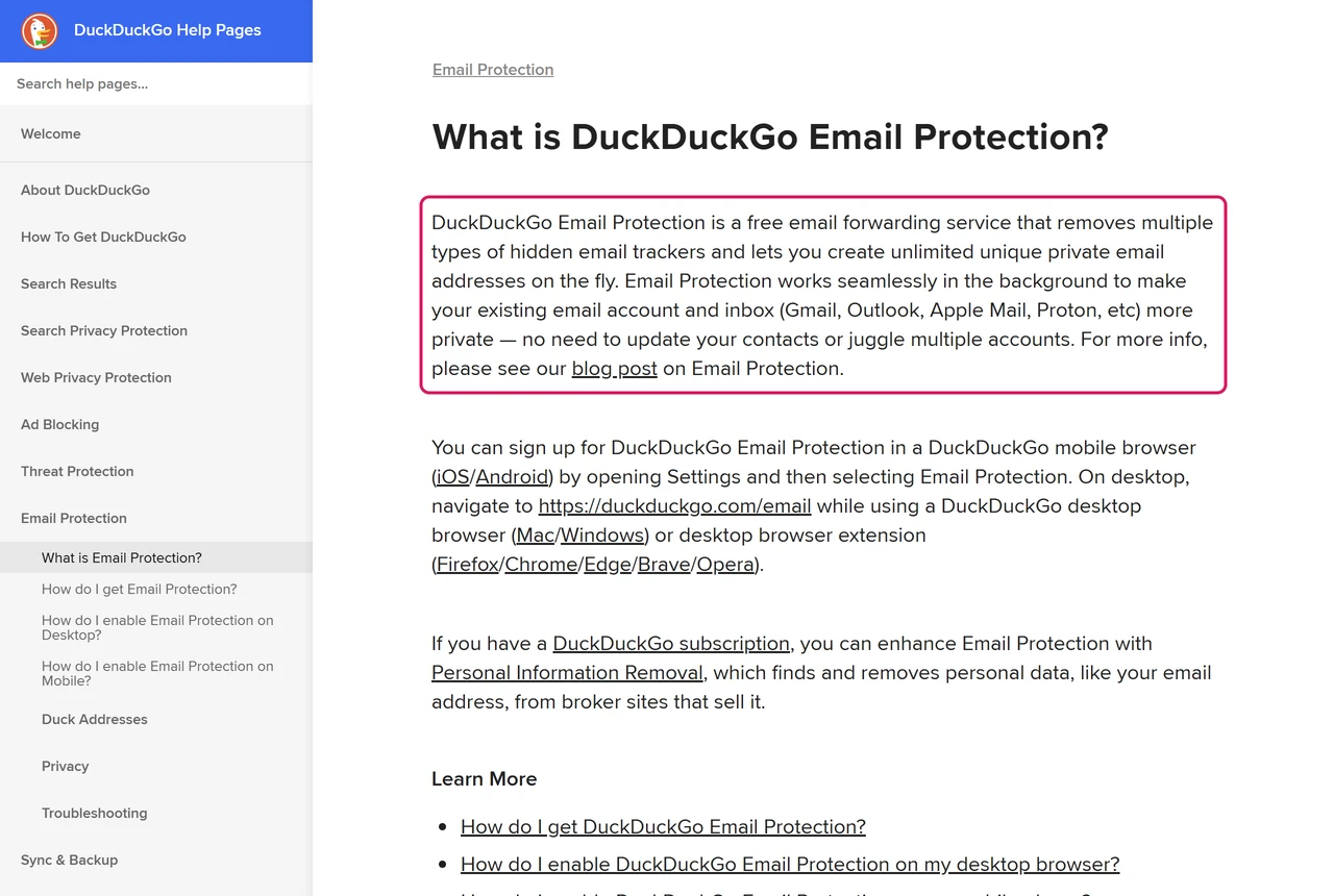 DuckDuckGo help page describing Email Protection as a free email forwarding service with unlimited private addresses that works with your existing inbox